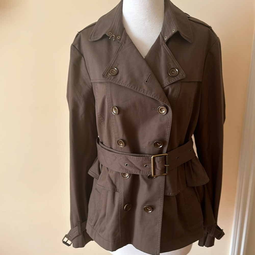 Burberry green lined peplum coat.